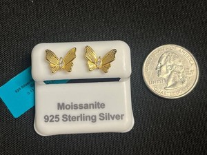 Moissanite Butterfly Stud Earrings - 925 Sterling Silver Gold Plated - $201 retail tag
