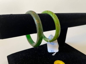 Green Bangle Pair - Translucent Carved & Mottled Styles