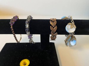 Bracelets - Purple Beaded, Leaf Cuff & Blue Charm (Lot of 4)