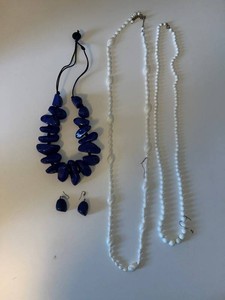 Costume Jewelry - Blue Necklace, White Beaded Necklaces & Earrings Mixed Lot