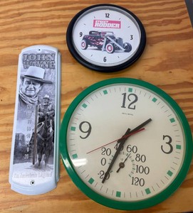 John Wayne Thermometor and Two Wall Clocks