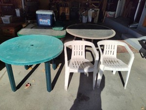 Three Patio Tables, Umbrella with Base and Cooler