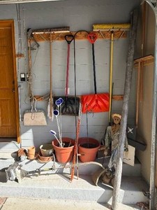 Large Lot of Gardening Tools Ryobi Weed Wacker, Pots, Shovels, Brooms and more