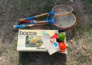 Bocce Ball Game and Vintage Badminton Rackets