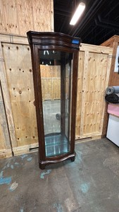 Vintage lighted wood display curio cabinet with curved glass