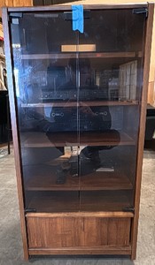 Vintage wood media cabinet with glass doors