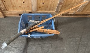 Blue basket of wood, a meter stick, and 2 single row wall coverings