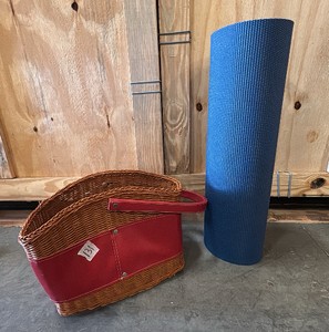 GAIAM ESSENTIALS foam workout mat, red and brown wicker picnic basket