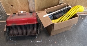 Small red  black grill and box of workshop item