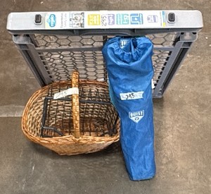 Baby gate, blue quest chair, wicker basket and metal basket