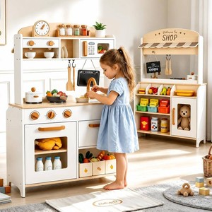 $114 Dual-Sided Play Kitchen for Kids,Toddler Play Store Wooden Toy Kitchen Set