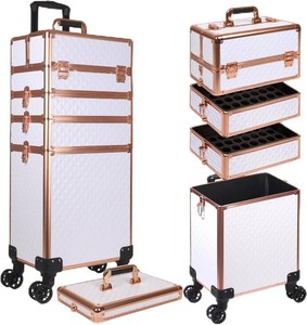 5 in 1 Rolling Makeup Train Case Professional Cosmetic Trolley Large Storage Organizer on Wheels for Hairstylist Artist Nail Beauty Salon Barber White - Gold Frame