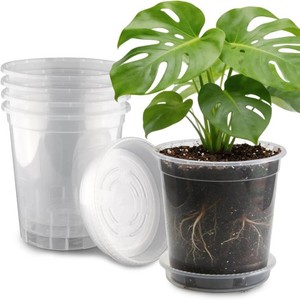 BTPLASTIK 2.5 Gallon Clear Nursery Pots with Saucers 5P, 10 Inch Round Plastic Plant Pots with Drainage Holes