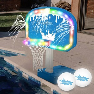 $116 OHYEMO LED Pool Basketball Hoop with 3-Way Sprinkler, Oversized Pool Basketball Game Set with 14in LED Rim2 Glow BallsWater-Filled BasePump, Light Up Pool Games Toys for Teens Adults, Inground Pool