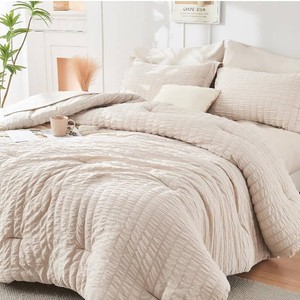 Queen Comforter Set - 7PCS Bed in a Bag, Seersucker Bedding Set, Beige