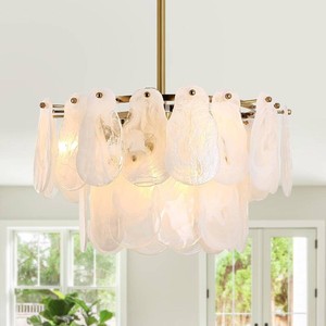 $170 KELUOLY Modern Gold Chandeliers, 17.7 Luxury Cloud Glass Light Fixture, 2-Layer Round Ceiling Hanging Light Fixture for Bedroom Dining Room Kitchen Island Living Room Entryway Bar Farmhouse 6-Light