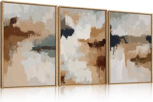 $117 LHIUEM Large Abstract Brown Grey Framed Canvas Wall Art,Neutral Brush Stroke Pastel Wall Decor,Modern Color Block Wall Painting,Minimalist Artwork for Living Room,Bedroom,Dining Room,Office -24x36x3