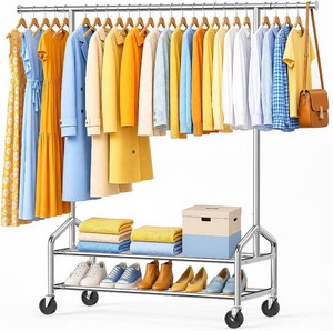 Heavy Duty Clothes Rack Load 650 LBS, Rolling Clothing Rack for Hanging Clothes with 2 Sturdy Shelves, Metal Garment Rack with Wheels for Bedroom, Laundry Room, Retail Store, Silver