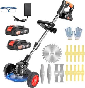 Electric Weed Wacker Cordless with Wheels,21V Battery Powered Weed Wacker 3-in-1 Grass TrimmerBrush CutterEdger, 2pcs Batteries&4 Types Blades, Lightweight, Low Noise for Thick Weeds&Yard Garden