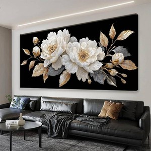 $135 Large Wall Art Decor 29x58 Black White Flower Wall Art For Living Room