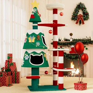 YARUOMY Christmas Cat Tree, Cat Tower for Indoor Cats with 2 Cat Condos, Thickened Cat Scratching Post Cute Cat Furniture with DIY Christmas-Themed Stickers and LED String Lights