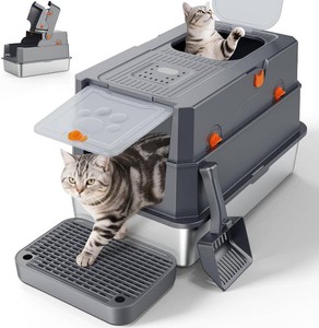 FURTIME Stainless Steel Litter Box with Lid, Enclosed Metal Cat Litter Box
