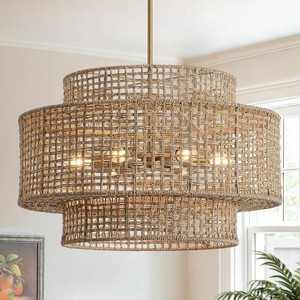 $230 24 Rattan Chandelier for Dining Room, Large Boho Pendant Light
