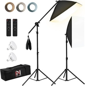 NiceVeedi 85W Photography Lighting, 2-Pack 20 x 28 Professional Softbox Lighting Kit with 53 Boom Arm & 91 Tripod Stand, Remote Control, Studio Lights for Live StreamingPortraitPhotography