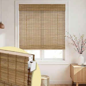 No Drill Bamboo Roman Shades Cordless, Brown, 32.5 W x 48 H