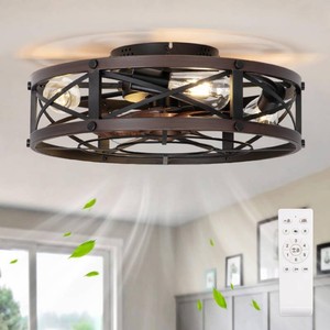 $129 SHLUCE Caged Ceiling Fan with Light, Small Farmhouse Fandelier, Brown