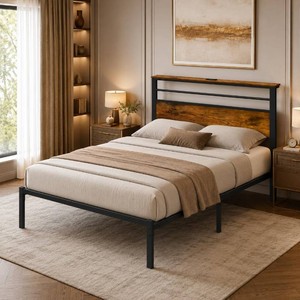 Metal Twin Bed Frame with Headboard, Twin Size Platform Bed Frame with Charging Station, Storage Shelves & Under Bed Storage, No Box Spring Needed
