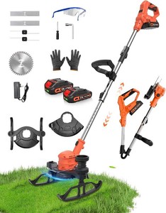 21V Weed Wacker Cordless, Weed Eater String Trimmer with 2x2.0ah Battery and Charger, 3-in-1 Brush Cutter Weed Cutter Lawn Edger with 3 Types Blade & Wheels Lightweight for Garden & Yard Lawn
