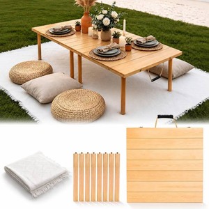 $160 Low Picnic Table Portable, 60 X 30 Boho Picnic Table with Large Picnic Mat for Indoor,Outdoor,Camping, Wedding, Beach, Garden, Party(Large Size for 6-8)