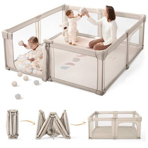$180 Sweeby Baby Playpen, 59x59 Inch Gate Foldable for Babies and Toddlers, Extra Large with Door Play Yard for Fence Indoor and Outdoor, Light Khaki