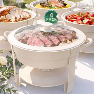 $190 6QT Round Chafing Dish Set of 4, White Granite Finish