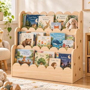 3-Tier Kids Front-Facing Bookshelf, Natural Wood Montessori Bookcase