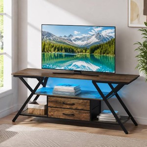 TV Stand with Power Outlet & LED Lights for TVs up to 65, Rustic Brown