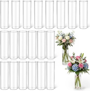 Molain 20 Pcs Plastic Small Cylinder Vases, 7 Tall x 1.9 Diameter Cylinder Vase for Centerpieces MultiUse Flower Vase Bulk Small Clear Flower Container for Wedding Bridal Shower Birthday Living Room