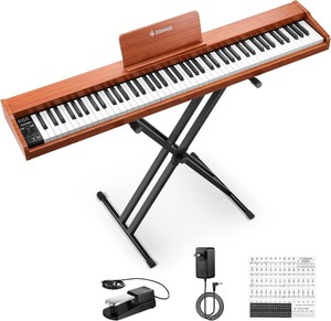 $220 Donner DEP-1S Piano Keyboard 88 Keys, Beginner Digital Piano with 88 Key Velocity-Sensitive Keyboard, Record, Bluetooth, Chord, Bundle With Piano Stand, Piano Stickers, Sustain Pedal, Retro Wood Color
