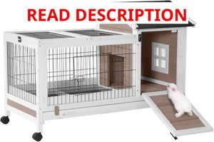 $120 Aivituvin Rabbit Hutch Indoor Bunny Cage Outdoor Bunny House with Wire Floor Leakproof Plastic Tray, Brown