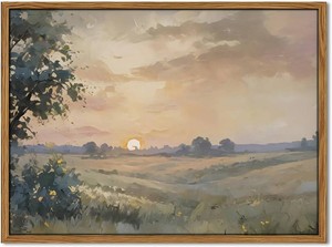 Wood Framed Vintage Wall Art, Sunset Landscape Wall Decor Paintings Country Nature Pictures Canvas Prints Rustic Cottagecore Home Decor for Living Room Bedroom Farmhouse 16x24 inch