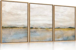 HLNIUC Large Abstract 3 Piece Wall Art 16x24, Neutral Distant Mountain Wall Decor, Watercolor Beige Dusty Nature Landscape Painting, Modern Pastel Scenery Art Prints for Living Room, Bedroom, Office