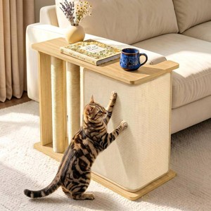 Cat Corner Side Table Scratcher, 3-in-1 Sofa Protector from Cat Claws with Scratching Post   Sturdy Wood Frame, Replaceable Sisal Pad, Fits LeftRight Sofa Arm, Odor-Free & Durable, Oak 23.5H