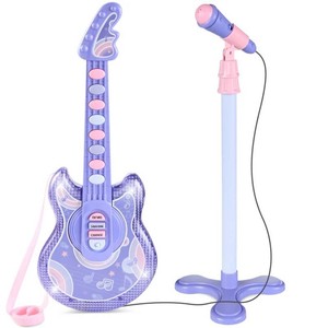 New - Kids Pretend Play Guitar Musical Instrument Toy w Microphone, Stand - 19in