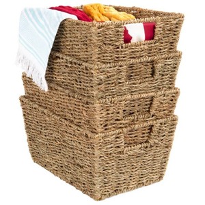 New - Set of 4 Seagrass Storage Tote Baskets, Laundry Organizer w Insert Handles