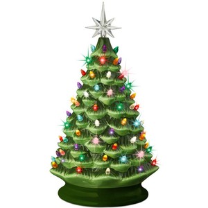 New - Large Pre-Lit Ceramic Christmas Tree Decoration w LED Light, Timer - 18in