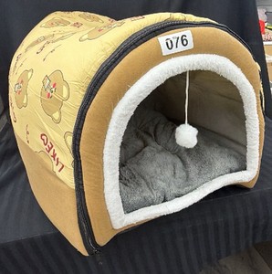 New - Cozy Pet Cave Bed Igloo House, Tan Bear Print, Plush Gray Interior with Hanging Pom-Pom Toy