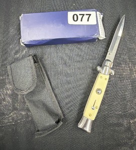 New Italian Stiletto Style Automatic Folding Knife, Cream Handle, Brass Pins, Safety Lock, with Nylon Sheath and Box