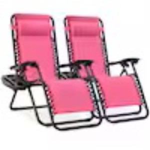 New - Hot PinkBlack Metal Zero Gravity Reclining Lawn Chair with Cup Holders (2-Pack)