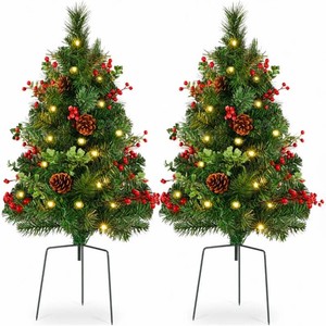 New - Set of 2 Pre-Lit Pathway Christmas Trees w Pine Cones, Timer - 24.5in